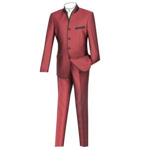 Slim Fit Mandarin Banded Collar Nehru Trimmed Suit - Wine